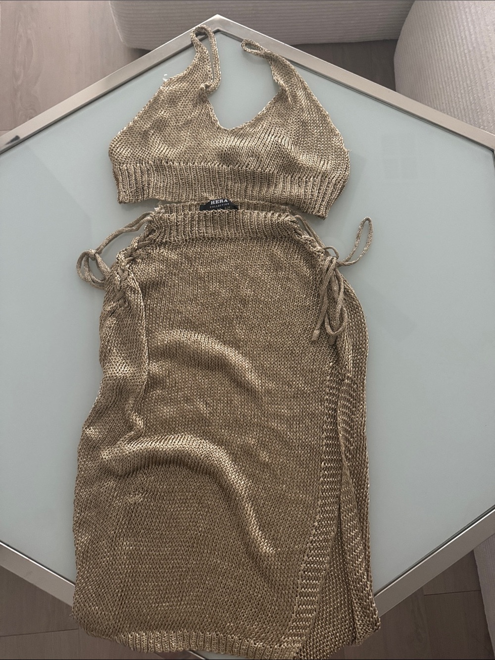 Hera Collection Metallic Gold Knit Halter Crop & Drawstring Skirt Set